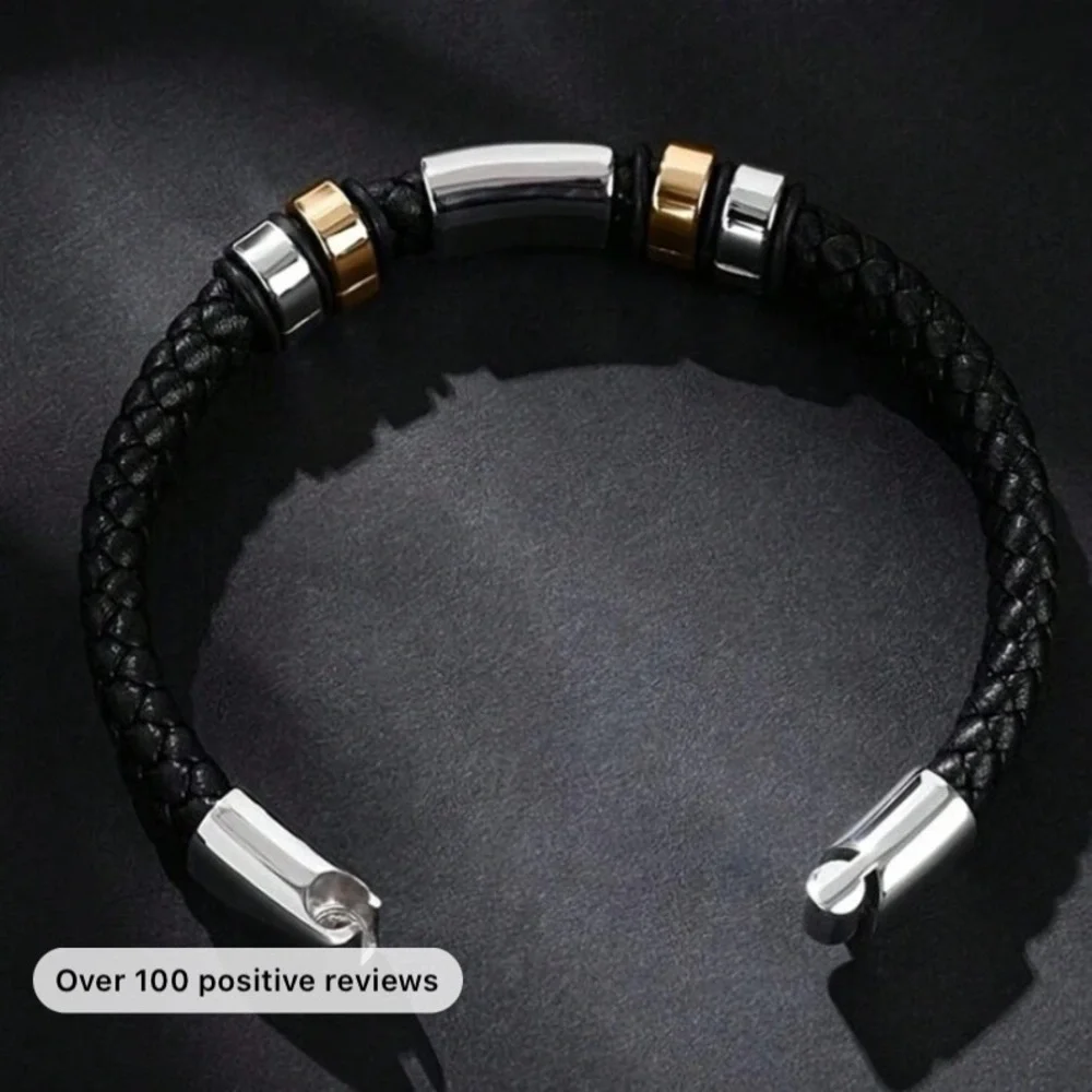 BLACK STAINLESS STEEL LEATHER BRACELET SILVER AND GOLD